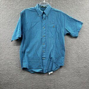 Orvis Men Shirt Medium Blue Gingham 100% Cotton Short Sleeve Button Front Pocket